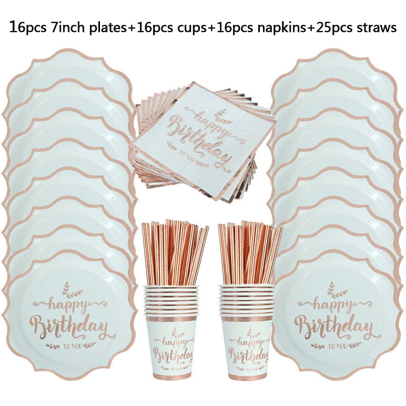 Rose Gold Birthday Decorations Disposable Tableware Set Paper Cup Adult Wedding Birthday Party Decorations Kids Babyshower Girl