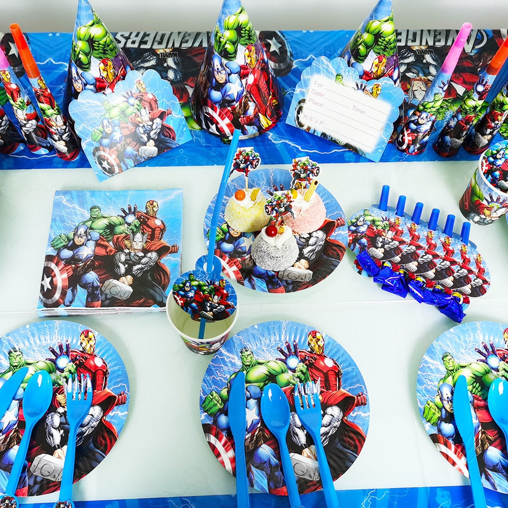 Cartoon The Avengers Theme Birthday Supplies Tablecloth Paper Plate Cup Straw Banner Balloon Party Decoration Set Baby Shower