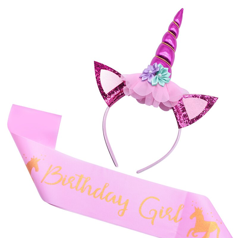 Birthday Girl Unicorn Headband with Sash Unicorn Cake Topper Baby Shower Girl Birthday Party Decorations Unicorn Party Supplies