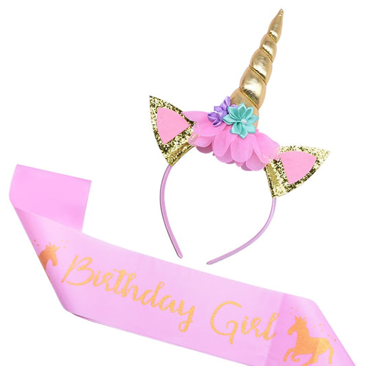 Birthday Girl Unicorn Headband with Sash Unicorn Cake Topper Baby Shower Girl Birthday Party Decorations Unicorn Party Supplies