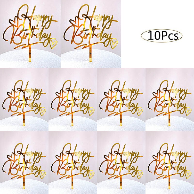 10pcs Happy Birthday Cake Topper Acrylic Gold Cake Toppers Happy Birthday Party Supplies Cake Decorations Promotional Items