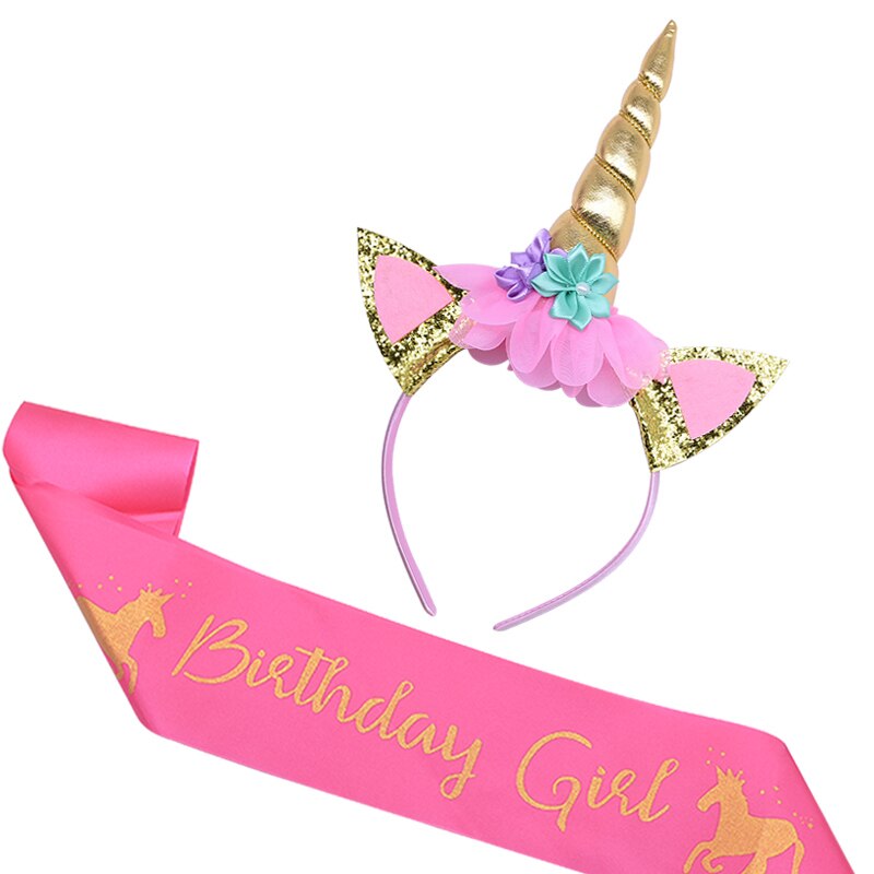 Birthday Girl Unicorn Headband with Sash Unicorn Cake Topper Baby Shower Girl Birthday Party Decorations Unicorn Party Supplies