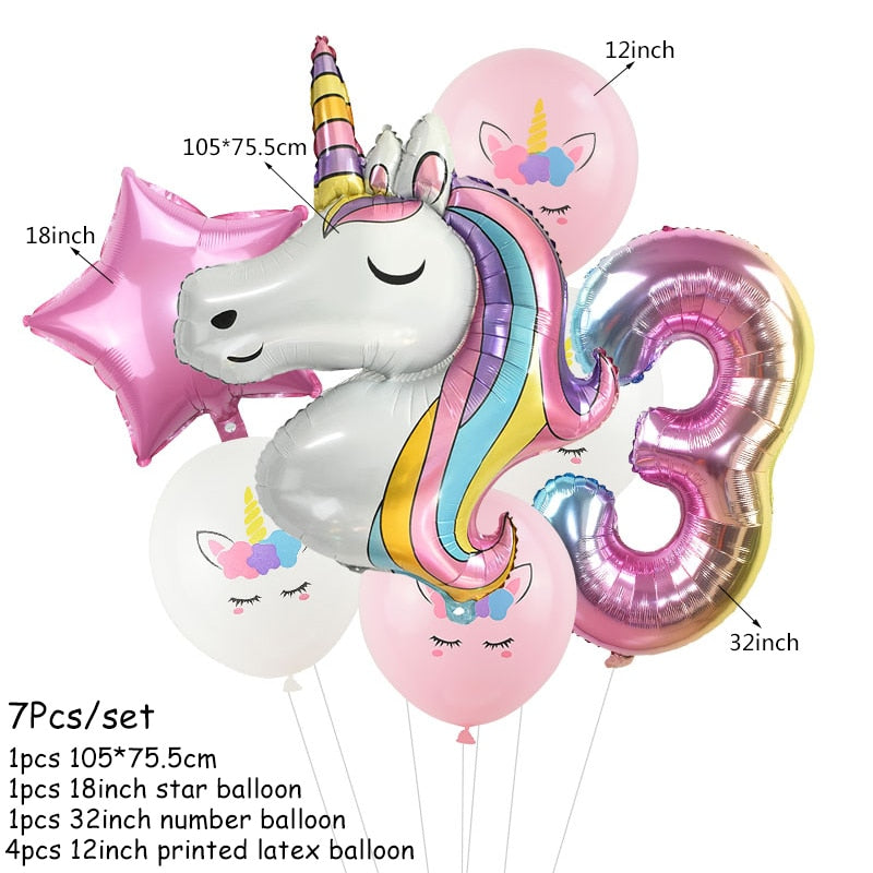 7Pcs/lot Rainbow Unicorn Party Balloons Unicorn Birthday Decoration Number Balloon Kids Birthday Party Baby Shower Decor Globos