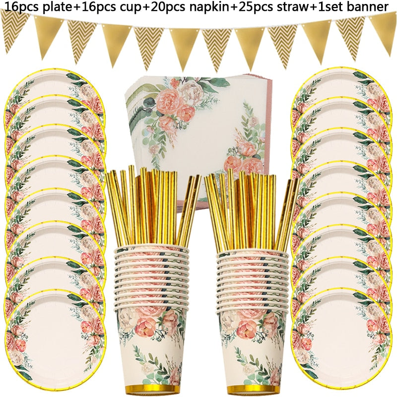 Rose Gold Birthday Decorations Disposable Tableware Set Paper Cup Adult Wedding Birthday Party Decorations Kids Babyshower Girl