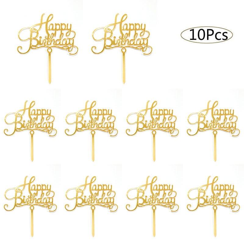 10pcs Happy Birthday Cake Topper Acrylic Gold Cake Toppers Happy Birthday Party Supplies Cake Decorations Promotional Items