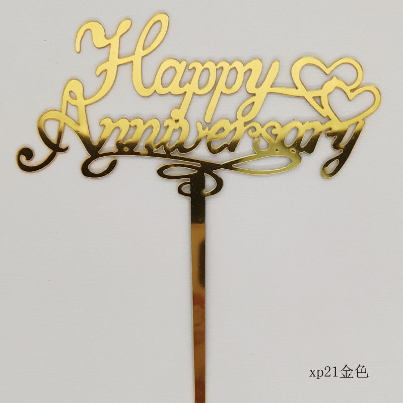 INS Happy Anniversary Party Cake Topper Gold silver Acrylic Wedding Cake Toppers for Valentine's Day Baking Cake Decoration gift