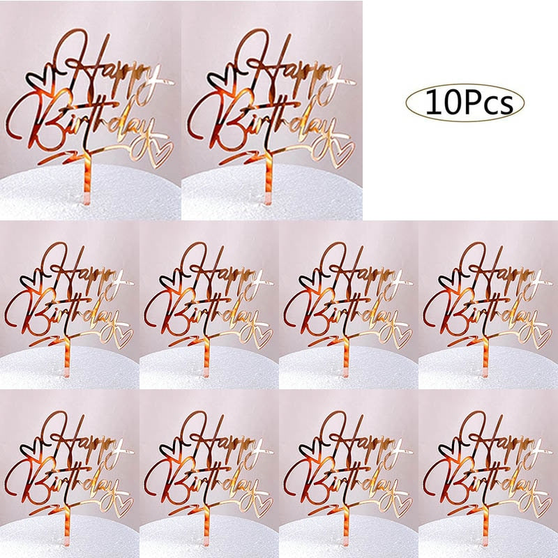 10pcs Happy Birthday Cake Topper Acrylic Gold Cake Toppers Happy Birthday Party Supplies Cake Decorations Promotional Items