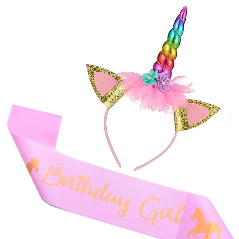 Birthday Girl Unicorn Headband with Sash Unicorn Cake Topper Baby Shower Girl Birthday Party Decorations Unicorn Party Supplies