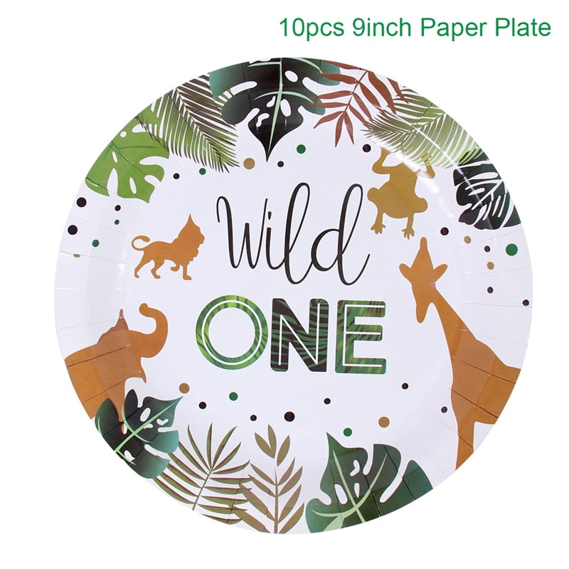 QIFU Jungle Animal Tableware Set Wild One Birthday Party Decor Kids Green Forest Party Supplies Jungle Safari Theme Party Decor