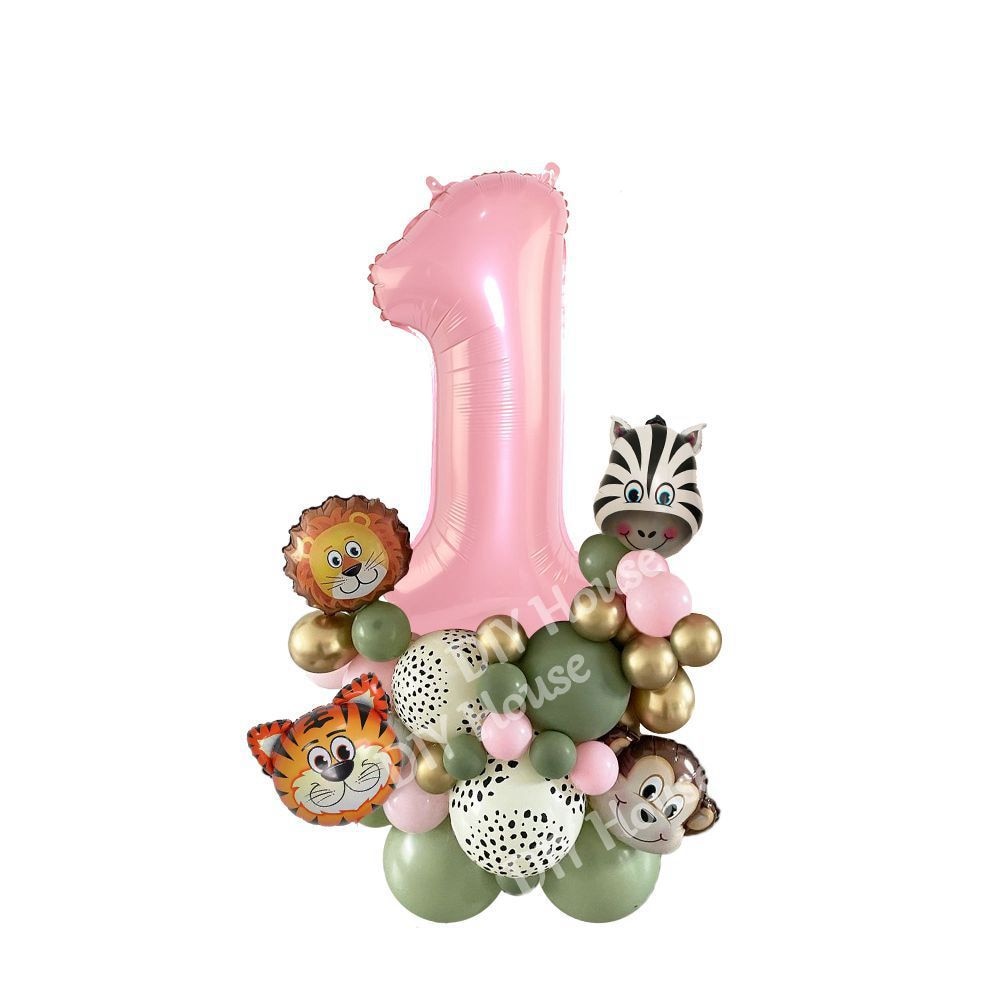 38pcs Wild One Animal Theme Party Balloon Tower for Girl's Jungle Forest Birthday Party Decorations Pink Balloons DIY Supplies