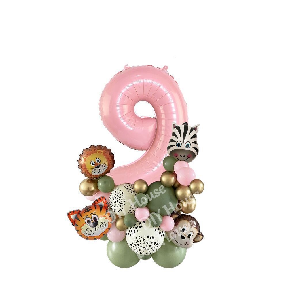 38pcs Wild One Animal Theme Party Balloon Tower for Girl's Jungle Forest Birthday Party Decorations Pink Balloons DIY Supplies