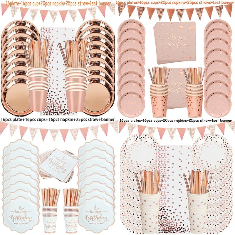 Rose Gold Birthday Decorations Disposable Tableware Set Paper Cup Adult Wedding Birthday Party Decorations Kids Babyshower Girl