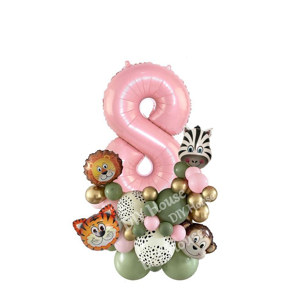 38pcs Wild One Animal Theme Party Balloon Tower for Girl's Jungle Forest Birthday Party Decorations Pink Balloons DIY Supplies