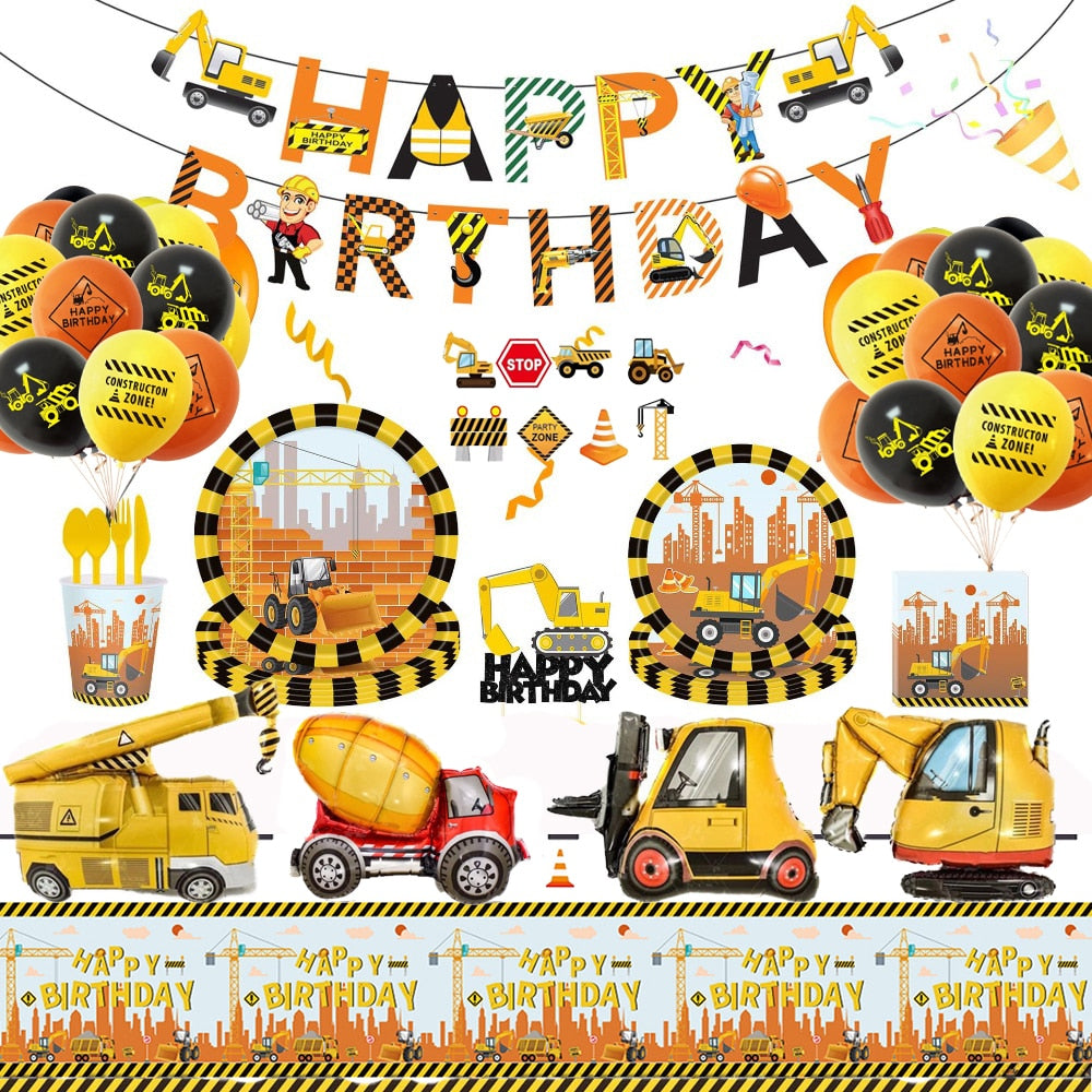 Construction Theme Tableware Tractor Truck Paper Cups Plates Tablecloth For Kids Boy Birthday Party Decorations