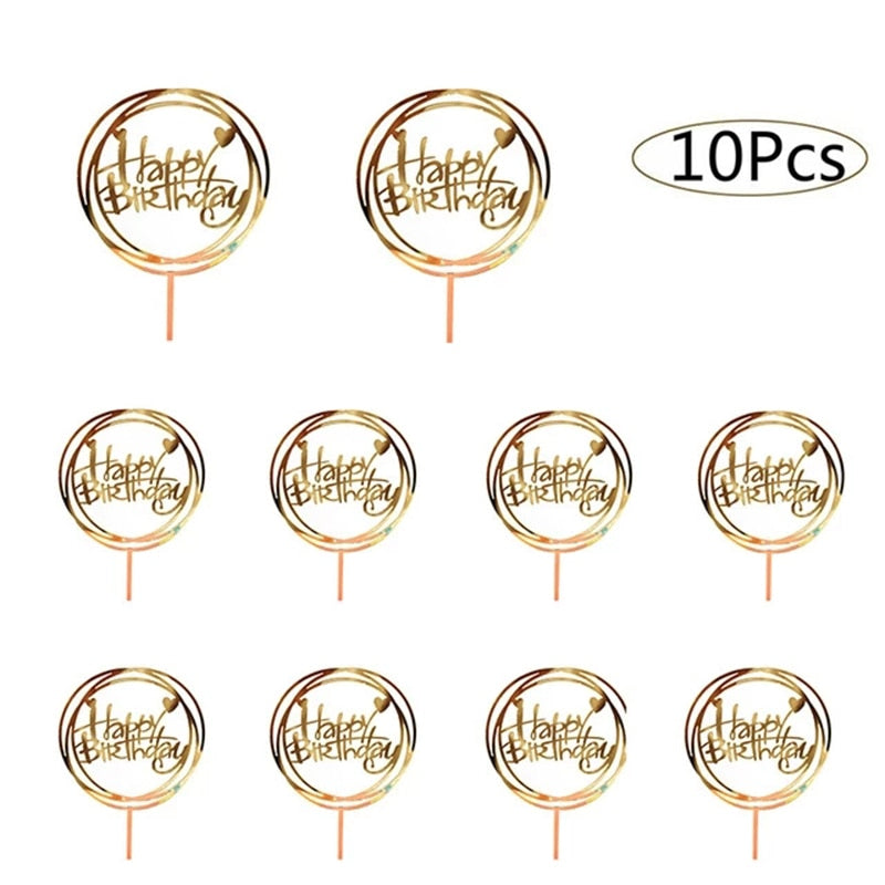 10pcs Happy Birthday Cake Topper Acrylic Gold Cake Toppers Happy Birthday Party Supplies Cake Decorations Promotional Items