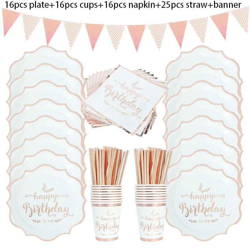 Rose Gold Birthday Decorations Disposable Tableware Set Paper Cup Adult Wedding Birthday Party Decorations Kids Babyshower Girl