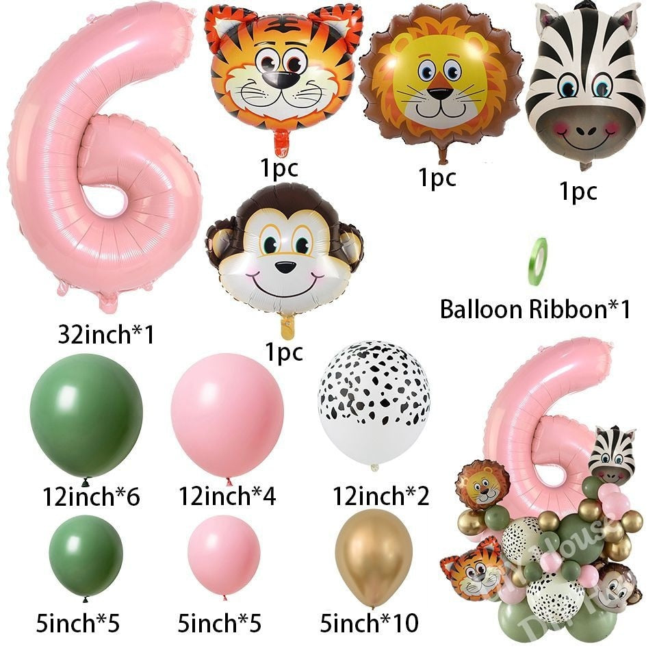 38pcs Wild One Animal Theme Party Balloon Tower for Girl's Jungle Forest Birthday Party Decorations Pink Balloons DIY Supplies