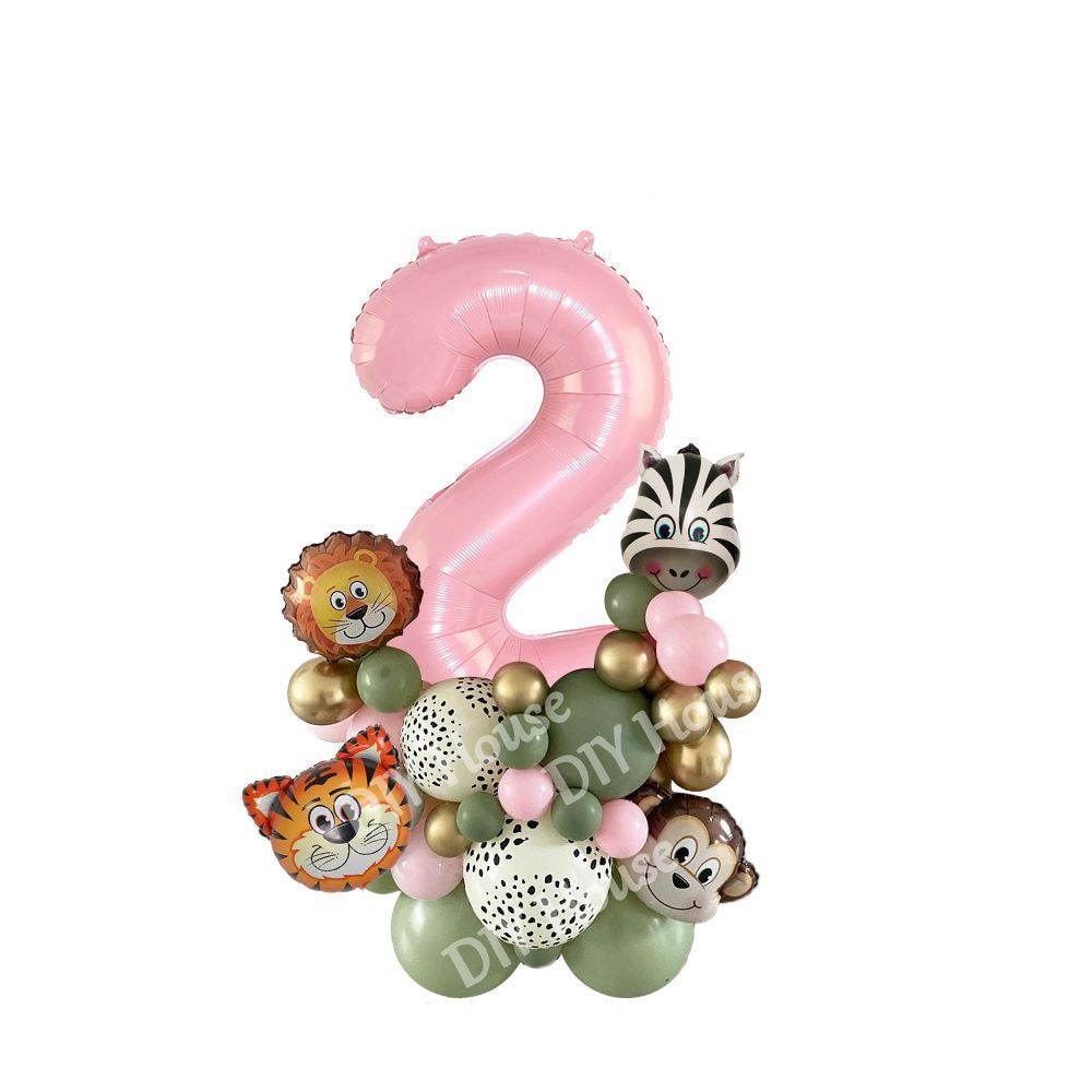 38pcs Wild One Animal Theme Party Balloon Tower for Girl's Jungle Forest Birthday Party Decorations Pink Balloons DIY Supplies