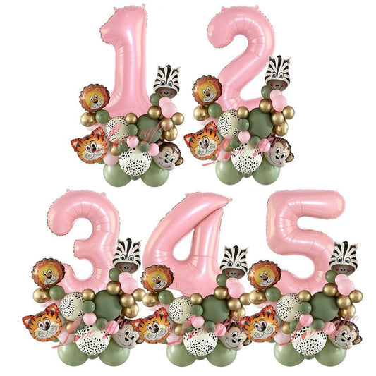 38pcs Wild One Animal Theme Party Balloon Tower for Girl's Jungle Forest Birthday Party Decorations Pink Balloons DIY Supplies