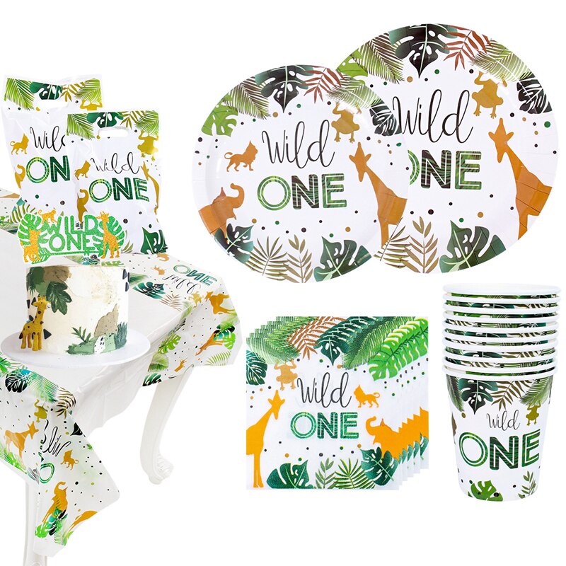 QIFU Jungle Animal Tableware Set Wild One Birthday Party Decor Kids Green Forest Party Supplies Jungle Safari Theme Party Decor