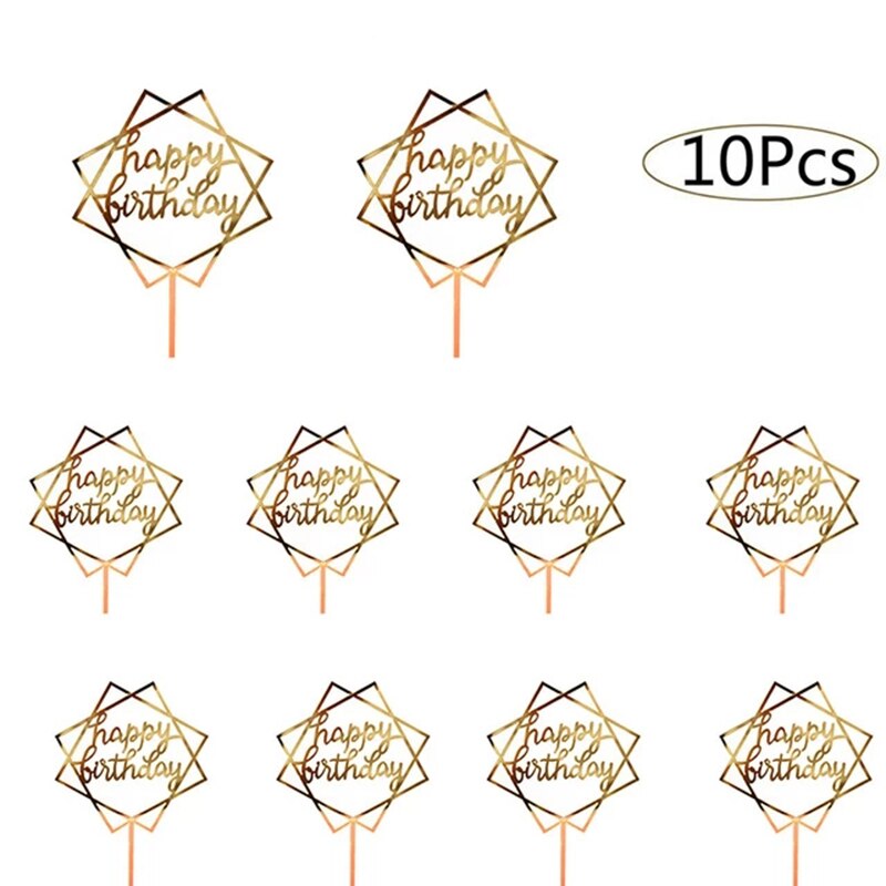 10pcs Happy Birthday Cake Topper Acrylic Gold Cake Toppers Happy Birthday Party Supplies Cake Decorations Promotional Items