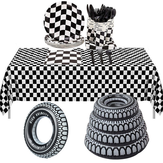 1set 137x274cm Black White Tablecloths Racing Car Motorcycle Theme Party Dispossible Plastic Tablecover Birthday Party Supplies