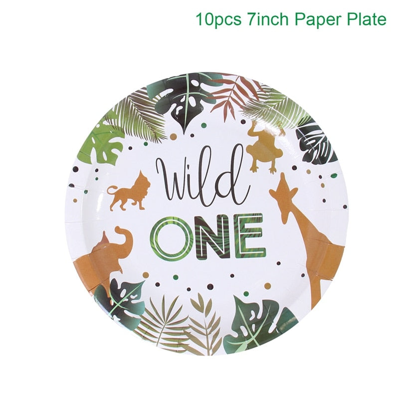 QIFU Jungle Animal Tableware Set Wild One Birthday Party Decor Kids Green Forest Party Supplies Jungle Safari Theme Party Decor