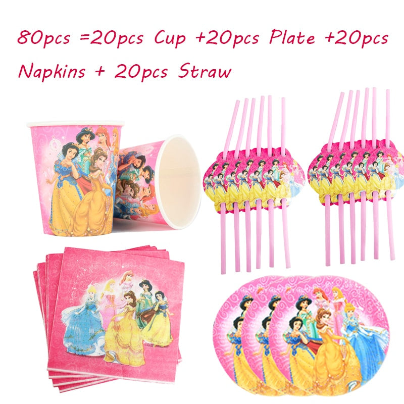 Disney Princess Happy Kids Girls Birthday Party Decoration Set Party Supplies Cup Plate Banner Hat Straw Loot Bag