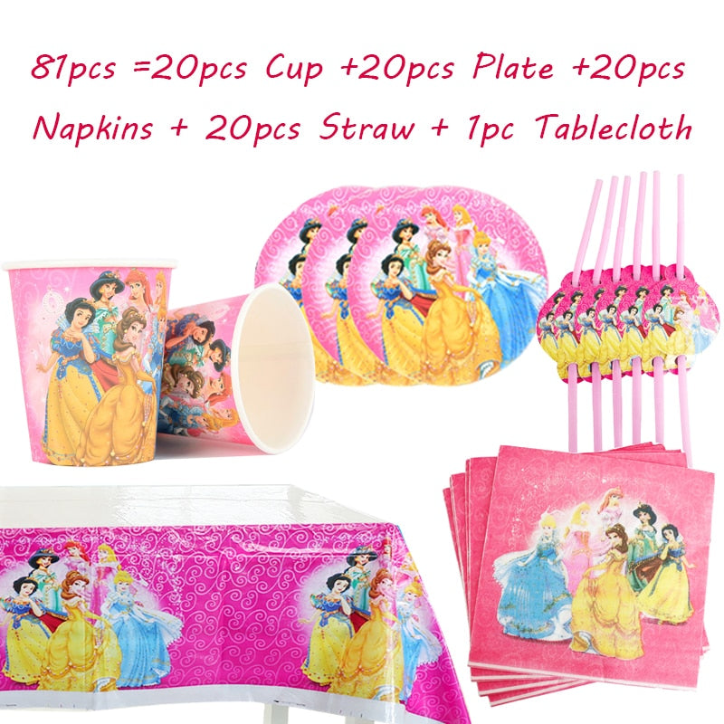 Disney Princess Happy Kids Girls Birthday Party Decoration Set Party Supplies Cup Plate Banner Hat Straw Loot Bag