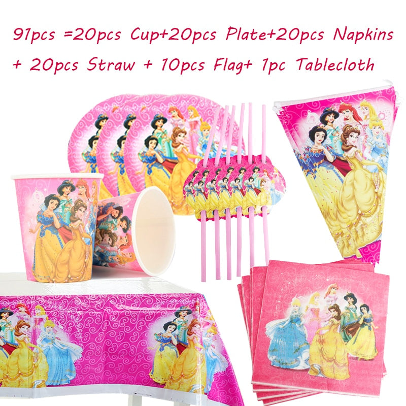 Disney Princess Happy Kids Girls Birthday Party Decoration Set Party Supplies Cup Plate Banner Hat Straw Loot Bag